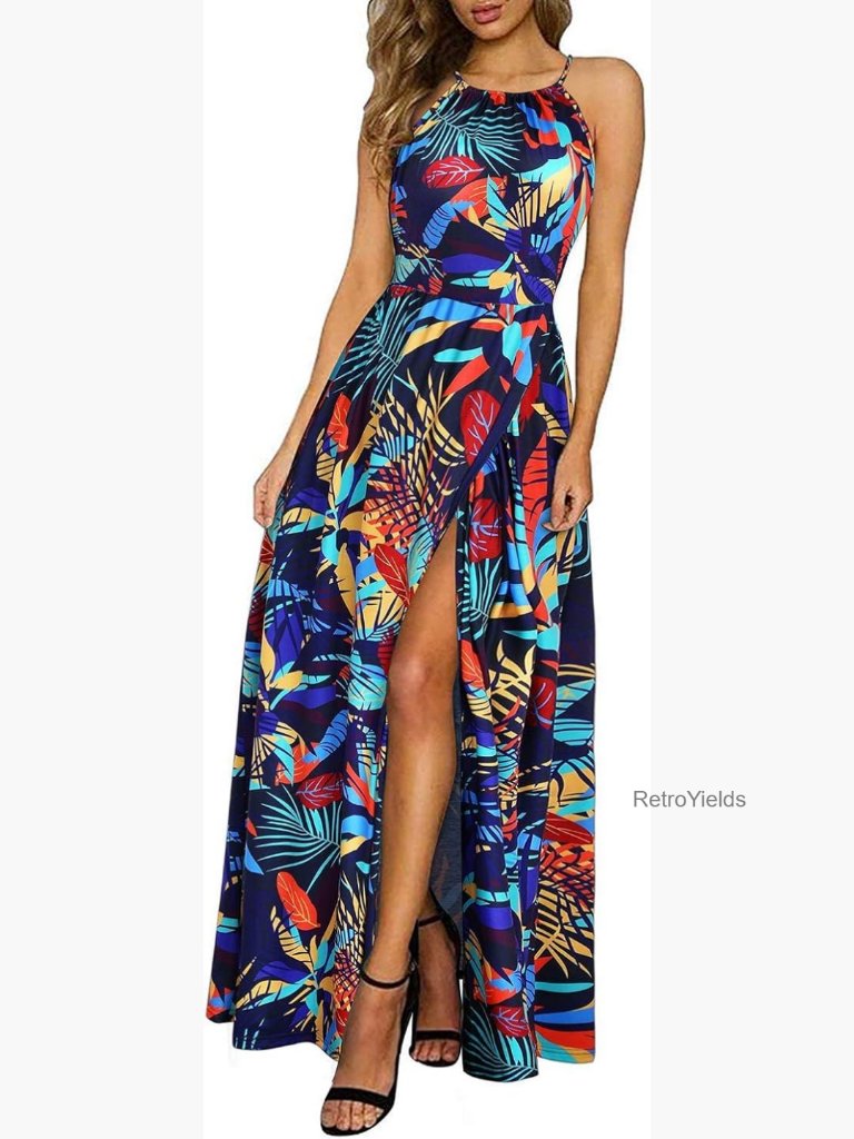 Women's Summer Floral Beach Flowy Split Maxi Dress With Pockets